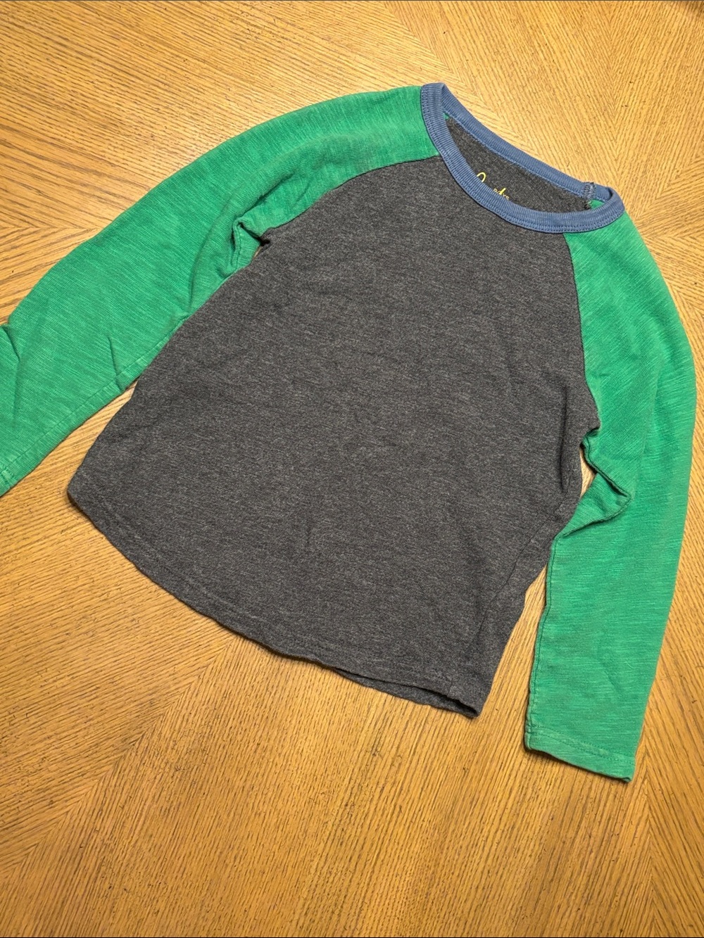 Boden Kids Long Sleeve Raglan Shirt - Gray Body with Green Sleeves and Blue Neck